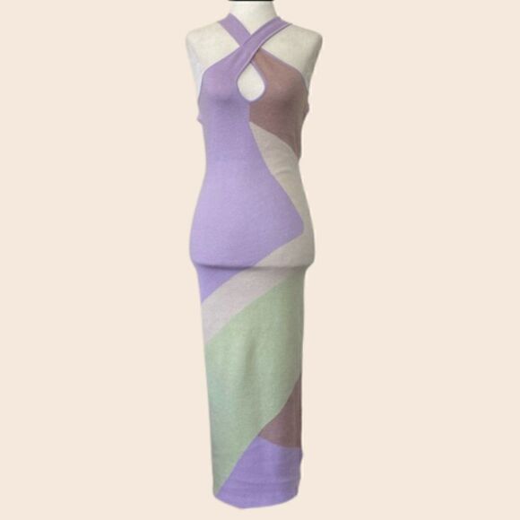 Lavender and Mint Colorblock Retro Knit Midi Halter Dress Size 0 NWT - Picture 1 of 11